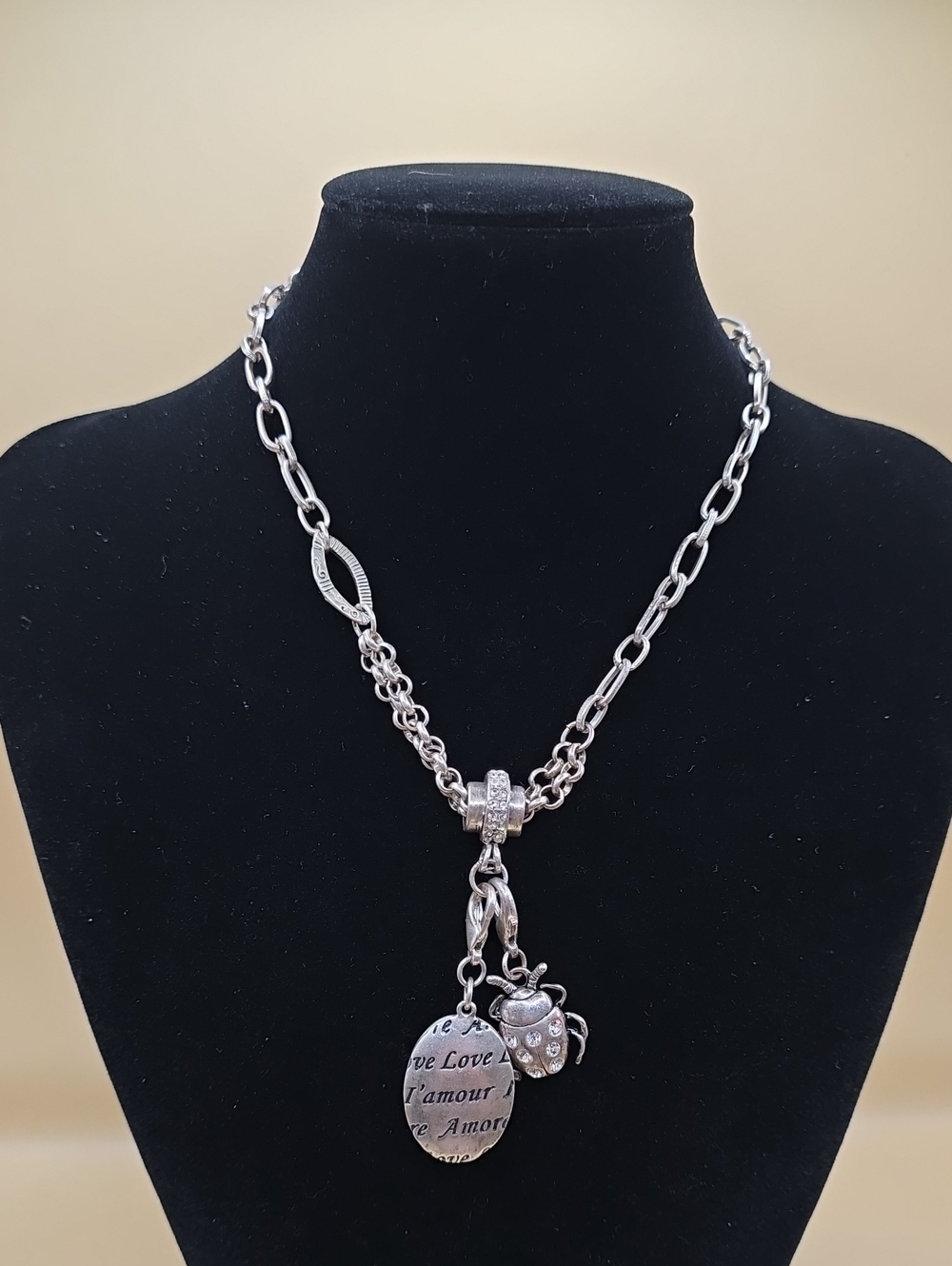 Silver-tone Love Pendant Necklace with Ladybug Charm